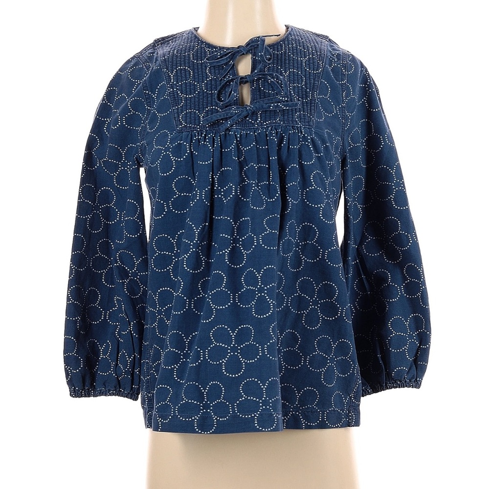 Madewell XXS Blue Denim Floral Front Tie Cotton Top